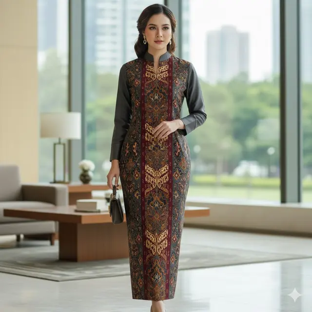 Model Gamis Terbaru Kombinasi Batik dan Polos (Image by AI)