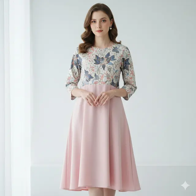 7 Model Dress Batik Kombinasi Kain Polos Warna Pastel yang Anggun, Modern dan Nyaman Dipakai