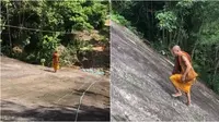 Viral Video Biksu Naik dan Turun Tebing Tanpa Alat Pengaman, Bikin Takjub