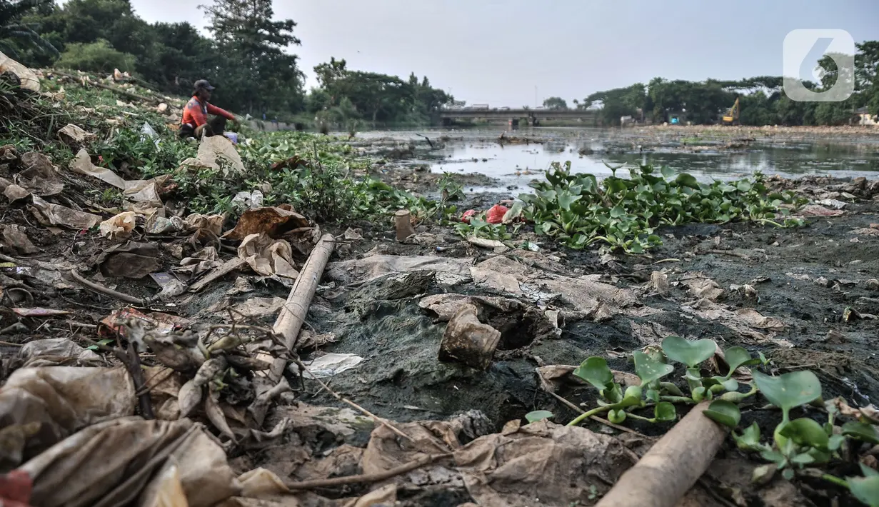 Sampah bercampur eceng gondok di Situ Pengarengan, Depok, Jawa Barat, Minggu (10/10/2021). Sebelumnya Pemkot Depok melalui DPUPR pada September lalu mulai melakukan normalisasi sejumlah situ atau waduk sebagai upaya pengendalian banjir. (merdeka.com/Iqbal S Nugroho)