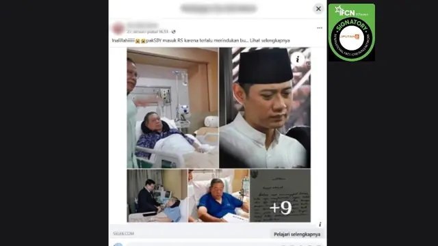 Tangkapan layar postingan klaim foto Presiden ke-6 RI Susilo Bambang Yudhoyono (SBY) masuk rumah sakit pada Januari 2026 yang beredar di Facebook.