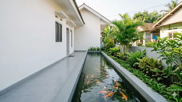 Inspirasi Model Kolam Ikan Memanjang di Samping Rumah Subsidi yang Menenangkan. Gemini
