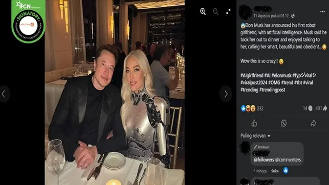 <p>Gambar tangkapan layar foto yang diklaim pendiri Space X, Elon Musk dengan pacar robot pertamanya. (sumber: Facebook)</p>