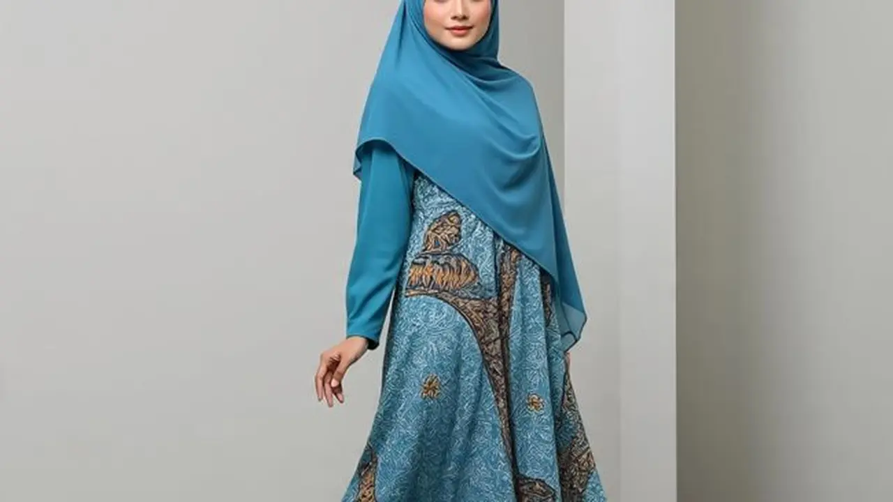 Ilustrasi Dress Batik Panjang Muslim Kombinasi Polos (Sumber Gambar: Meta AI)