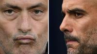 Dua pelatih yang menangani dua klub Manchester, Jose Mourinho dan Pep Guardiola, akan menjalani laga Manchester Derby perdana sejak mereka menangani Manchester United dan Manchester City musim ini, Sabtu (10/9/2016). (AFP)