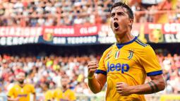 Ekspresi Paulo Dybala  usai membobol gawang Genoa pada lanjutan Serie A di Luigi Ferraris Stadium, Genoa (26/8/2017).  Juventus menang 4-2. (Simone Arveda/ANSA via AP)