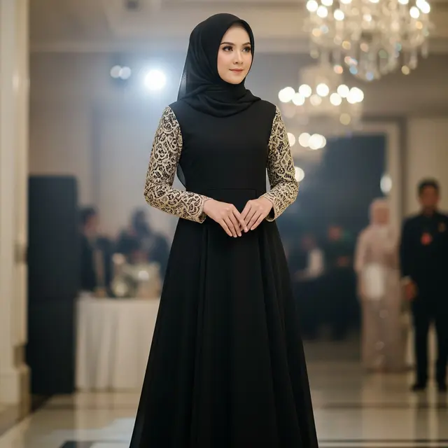9 Model Gamis Hitam Simple Elegan Kombinasi Brokat Gold untuk Pesta Malam, Elegan