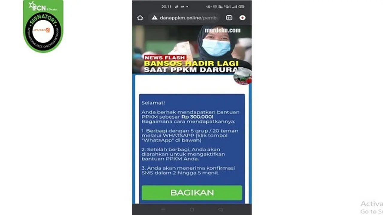 Gambar Tangkapan Layar Kabar Hoaks Cara Mendapatkan Bantuan Dana PPKM dengan Membagikan Pesan WhatsApp.