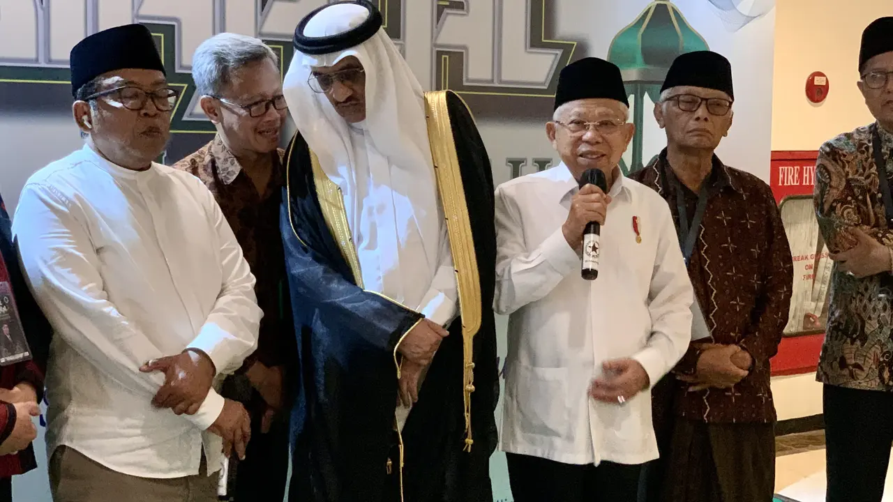 Wakil Presiden Ma’ruf Amin saat ditemui awak media di Grand Sahid Jaya, Jakarta, Selasa (7/5/2024).