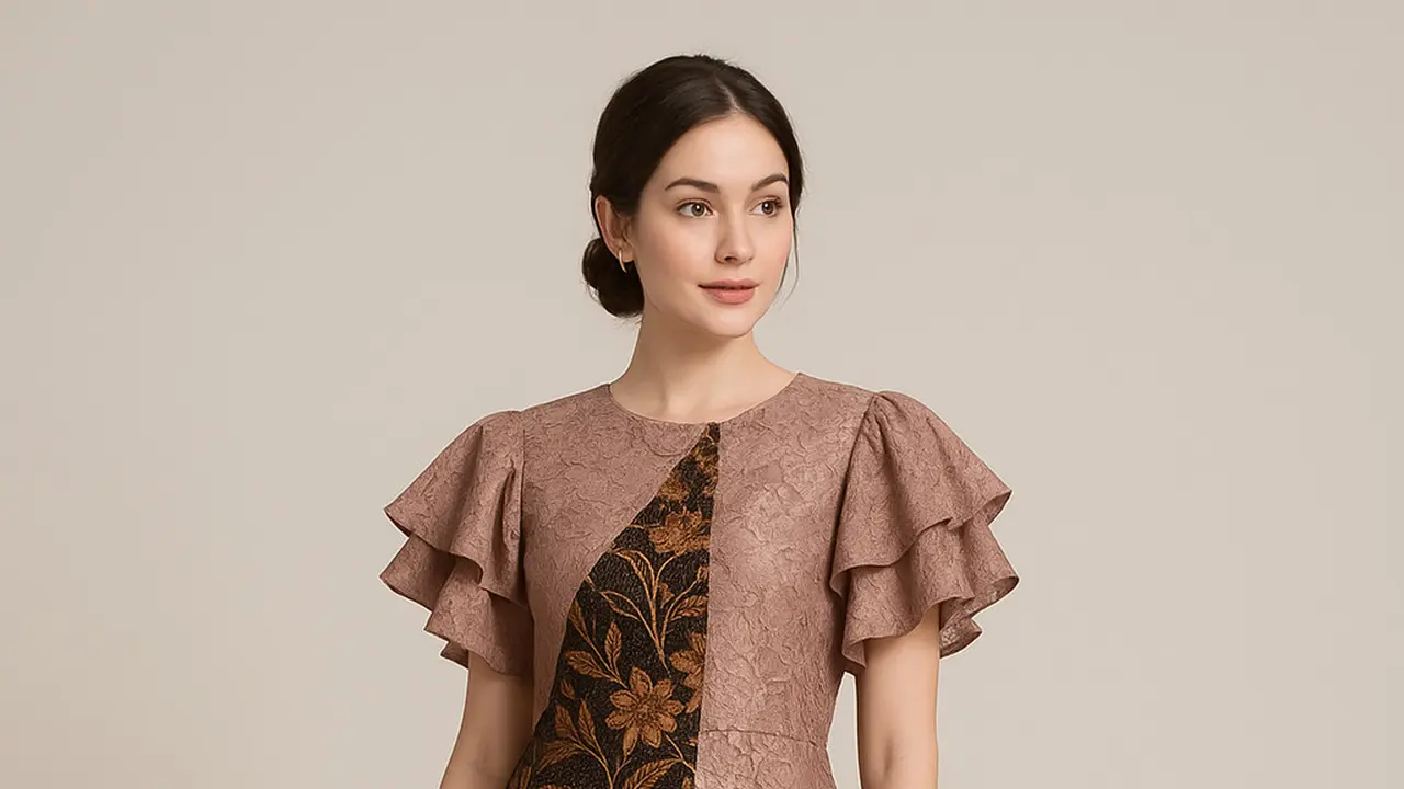 Model Batik Brokat Kombinasi Lengan Ruffle Modern