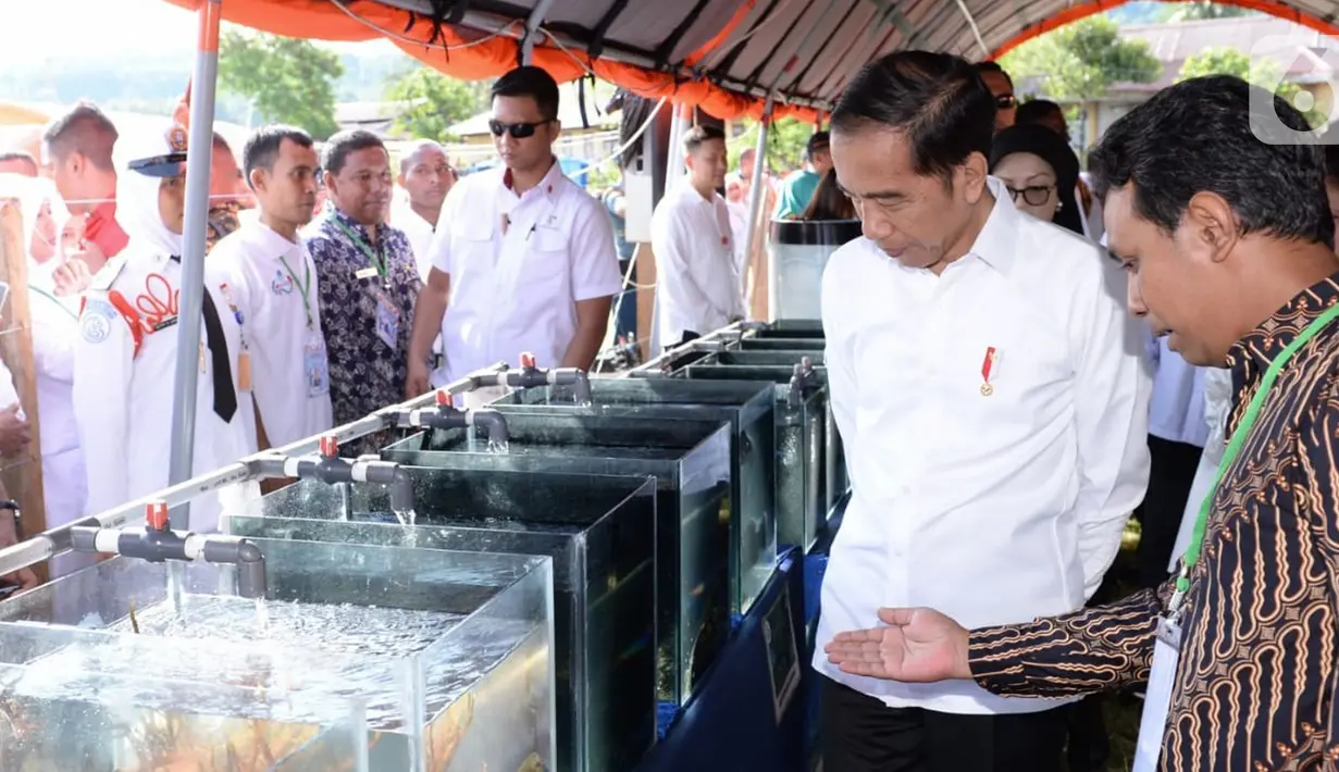 Presiden Joko Widodo mendengarkan penjelasan tentang pengolahan air bersih saat meninjau kondisi lokasi pengungsian korban gempa di Universitas Darussalam, Kecamatan Tulehu, Kabupaten Maluku Tengah (29/10/2019). (Liputan6.com/Biro Pers)