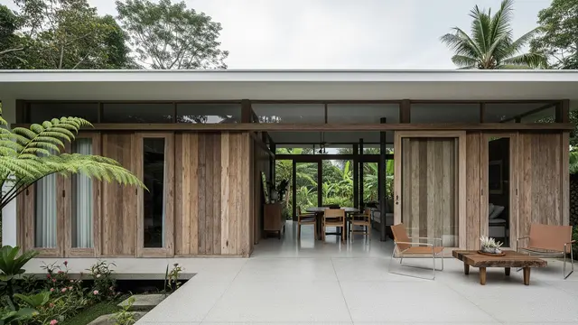 Rumah Desa dengan Kombinasi Kayu Tua dan Lantai Teraso/Gemini AI