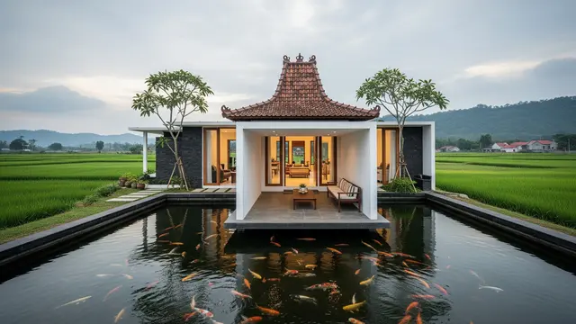 Rumah Desa Kombinasi Modern Jawa dengan Pendopo Minimalis dan Kolam Ikan