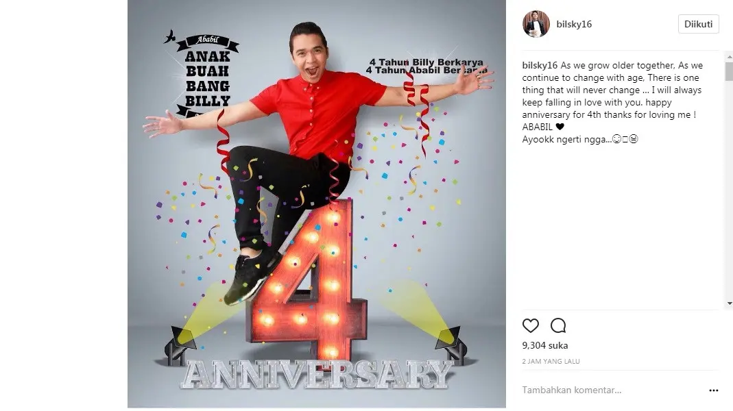 Billy Syahputra rayakan 4 tahun berkarya (Foto: Instagram)