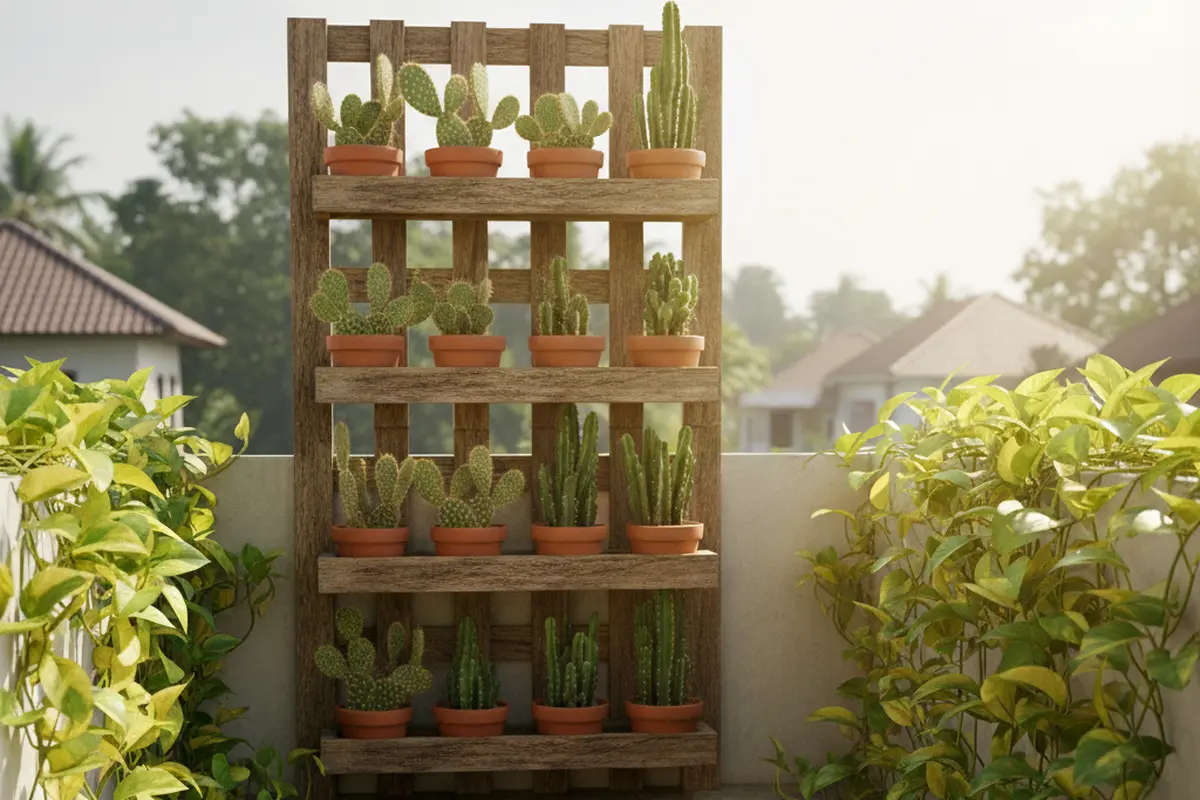 Model Balkon Rumah Sejuk dengan Tanaman Tahan Panas. AI