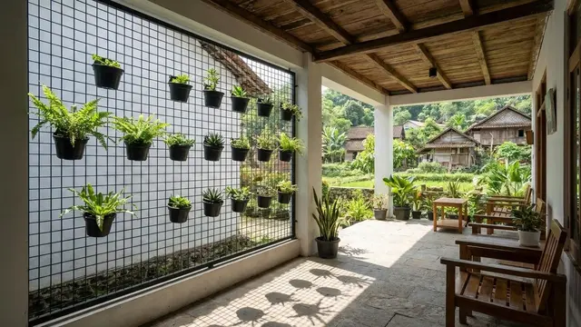 Teras Rumah Desa dengan Taman Vertikal