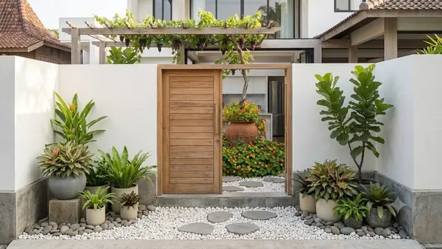 Kombinasi Panel Kayu dan Tembok Putih Tinggi