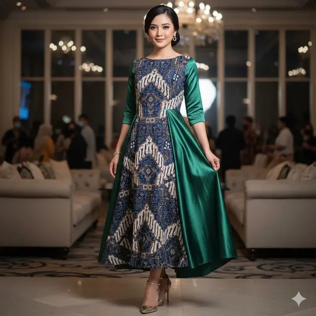 Model Long Dress Batik Kombinasi Satin yang Lagi Tren