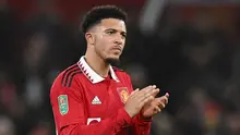 Pemain Manchester United, Jadon Sancho, saat melawan Nottingham Forest pada leg kedua babak semifinal Carabao Cup, Jumat (2/2/2023). Sancho tidak ambil bagian pada sesi training camp United di Spanyol. Dia berlatih secara personal di Belanda atas saran Erik ten Hag. (AFP/Paul Ellis)