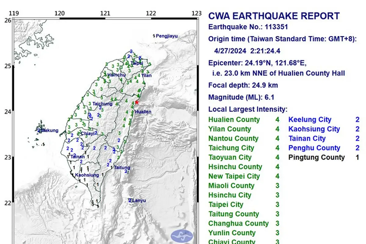 Gempa bumi Taiwan pada Sabtu 27 April 2024. (Central Weather Administration/CWA)