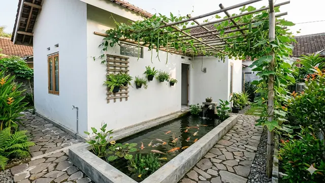 Inspirasi Model Kolam Ikan Memanjang di Samping Rumah Subsidi yang Menenangkan. Gemini