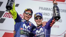 Bos Yamaha, Massimo Meregalli, lega kedua pebalapnya, Valentino Rossi dan Maverick Vinales mampu meraih podium kedua dan ketiga di MotoGP Jerman 2018. (Instagram/@yamahamotogp)