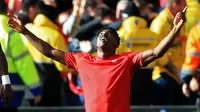 Striker Nottingham Forest Taiwo Awoniyi berselebrasi setelah mencetak gol ke gawang Liverpool dalam pertandingan Liga Inggris di The&nbsp;City Ground, Nottingham, Sabtu, 22 Oktober 2022. Nottingham menang 1-0. (Lindsey Parnaby / AFP)