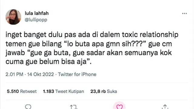 Lula Lahfah Juga Ungkap Pernah Jalani Toxic Relationship: Sesusah Itu Keluar dari Hubungan. (twitter Lula Lahfah)