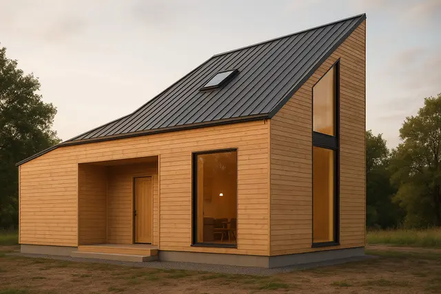 1. Rumah Kayu dengan Atap Miring Asimetris