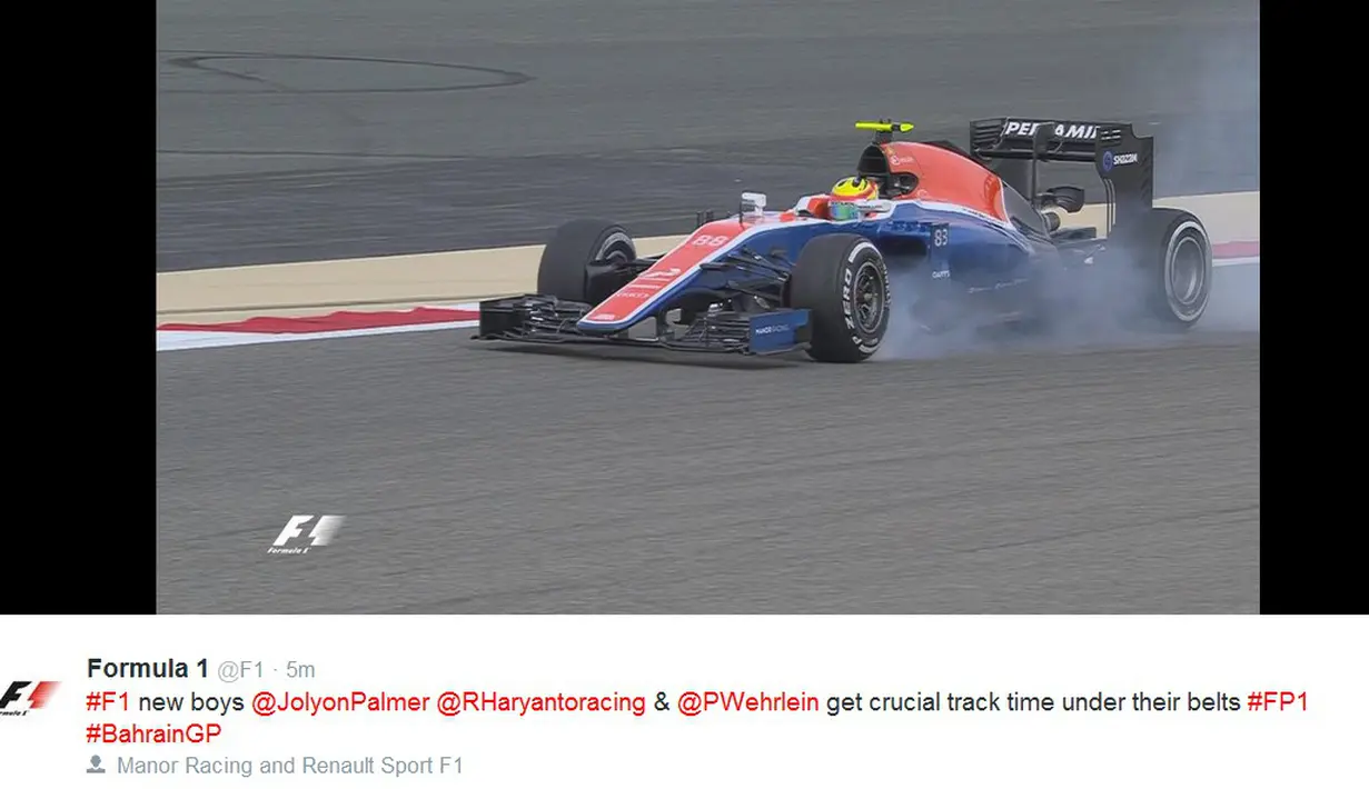 Pebalap Manor Racing asal Indonesia, Rio Haryanto, meraih catatan waktu 1 menit 37,714 detik saat latihan bebas pertama F1 GP Bahrain di Sirkuit Internasional Sakhir, Bahrain, Jumat (1/4/2016). (Bola.com/Twitter/F1)