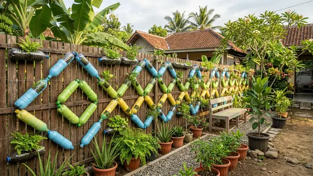 Desain Kebun Mini di Pagar Rumah Pakai Botol Plastik (AI Generated)
