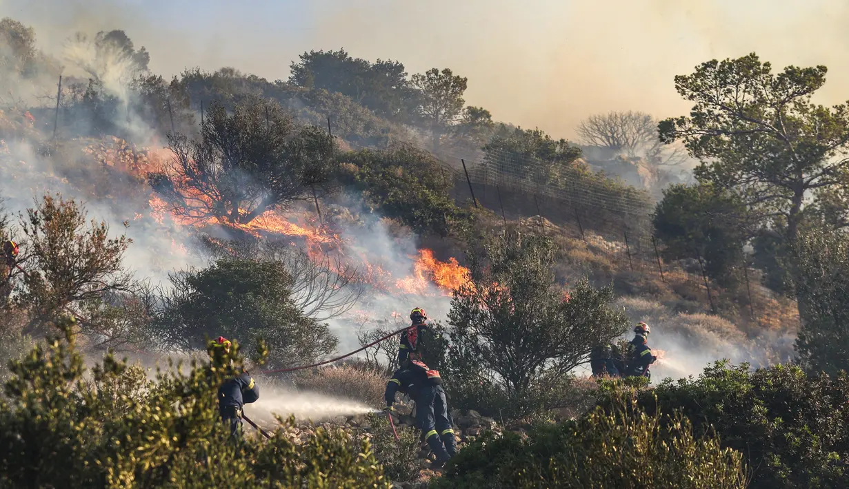 Petugas pemadam kebakaran berupaya memadamkan kebakaran hutan yang terjadi di Ierapetra, pulau Kreta, Yunani selatan, pada Kamis 3 Juli 2025. (Costas Metaxakis/AFP)