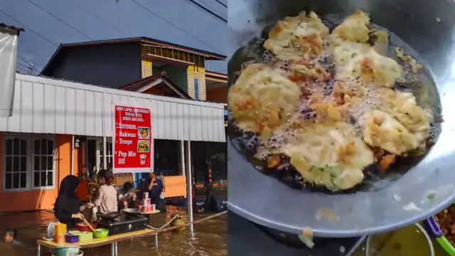 Seorang pebisnis terpaksa buka kafe di tengah banjir.
