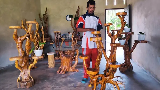 Koordinator Rumah Produksi Sahabat Akar, Ali Imran, dengan rak tanaman hias yang siap jual.