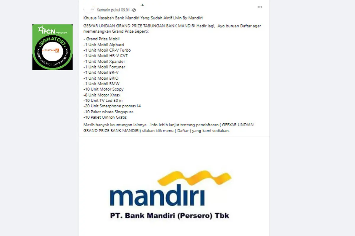 Tangkapan layar klaim pendaftaran gebyar undian grand prize tabungan Bank Mandiri,