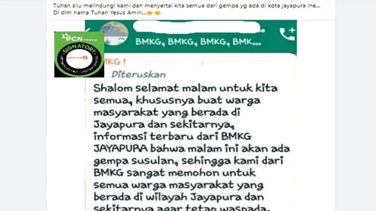 Contoh konten hoaks bencana mencatut BMKG.