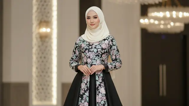 Gamis Pesta Hitam Kombinasi Brokat/Tile Floral