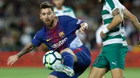 Penyerang Barcelona, Lionel Messi burusaha mengontrol bola dari kawalan pemain Eibar pada pertandingan La Liga Spanyol di stadion Camp Nou di Barcelona, Spanyol, (19/9). Barcelona menang telak 6-1 atas SD Eibar. (AFP Photo/Pau Barrena)