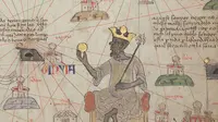 Lembar 6 dari 12. Detail menunjukkan Mansa Musa duduk di atas takhta dan memegang koin emas. (Public Domain)