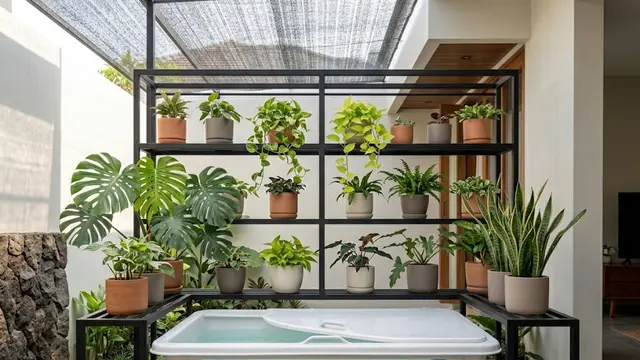 Kolam Modular dengan Rak Besi di Atasnya
