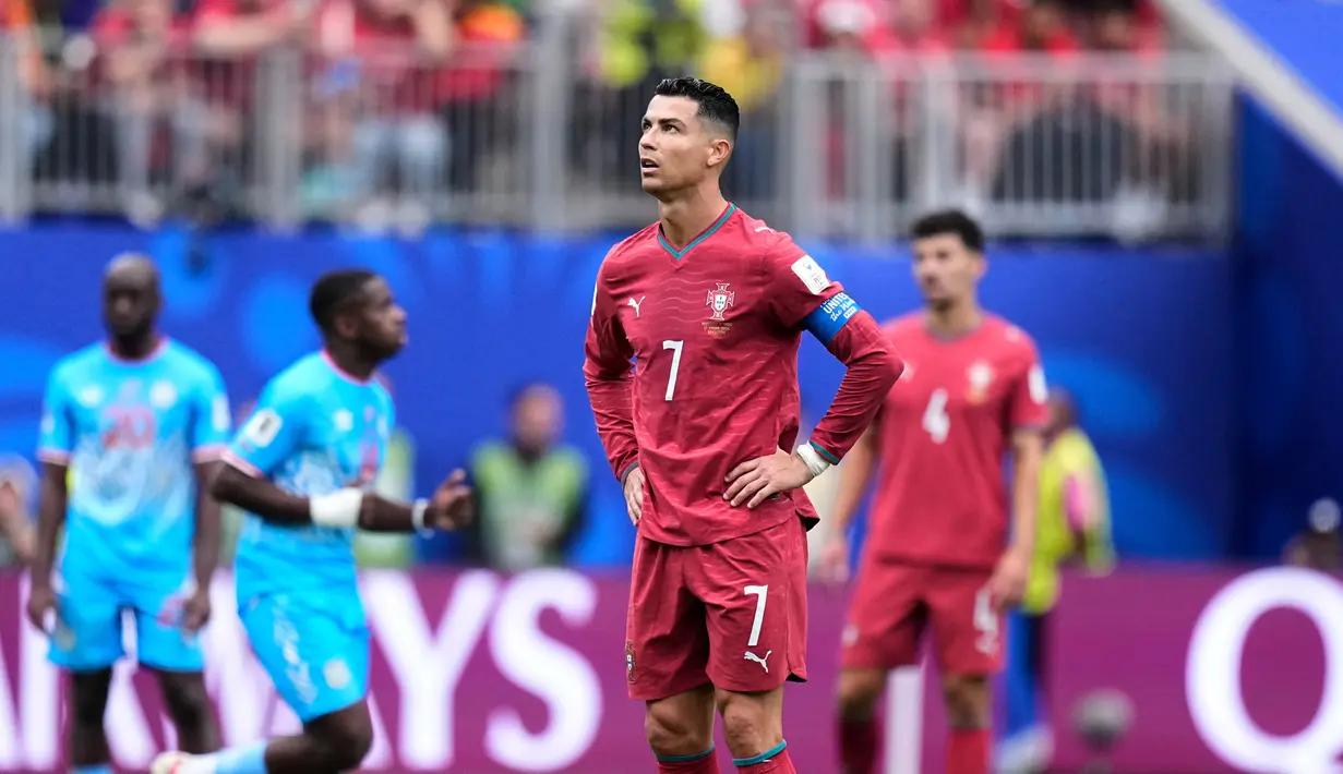 Dalam duel yang berlangsung di NRG Stadium, Houston, Kamis (18-6-2026) dini hari WIB, Portugal hanya bisa berbagi poin dengan Kongo setelah laga berakhir 1-1. (AP Photo/Ashley Landis)