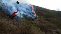 Petugas Taman Nasional Gunung Rinjani (TNGR), Lombok, NTB, berupaya memadamkan api yang membakar belasan hektare lahan. (Foto: TNGR/Liputan6.com/Hans Bahanan)