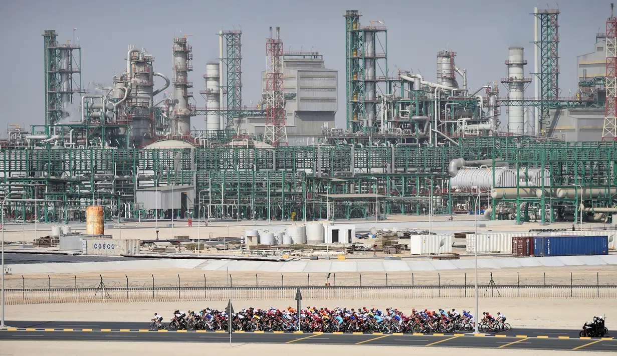 Deretan pebalap sepeda beraksi di Etape 5 Tour of Qatar, antara Sealine Beach Resort dan Doha. (12/2/2016). (AFP/Eric Feferberg)