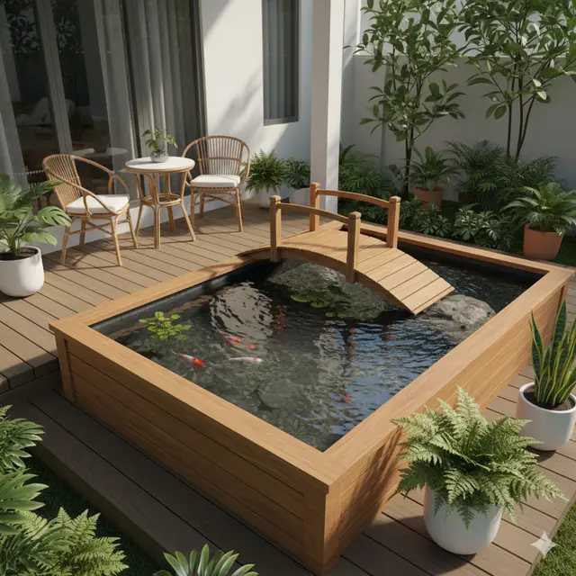 Kolam Ikan Mini Kayu di Teras Rumah