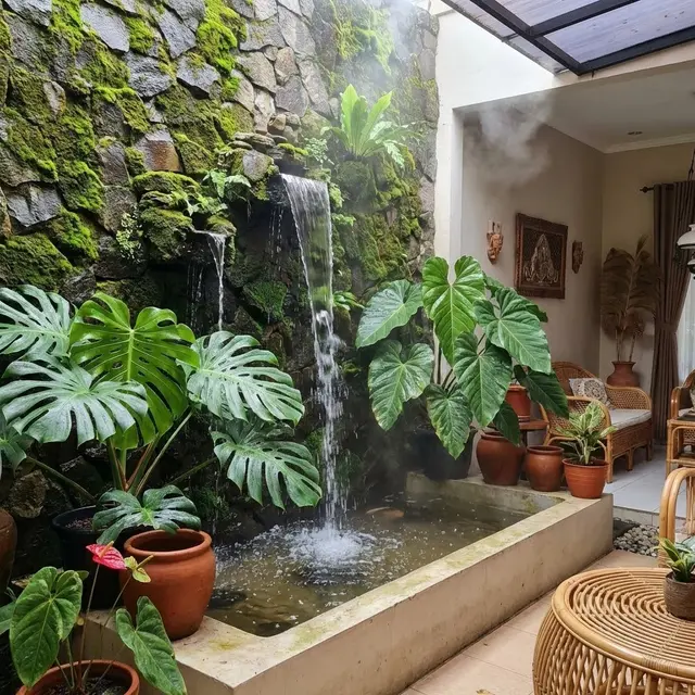 Ide Teras Adem Kombinasi Tanaman Hias dan Kolam Mini