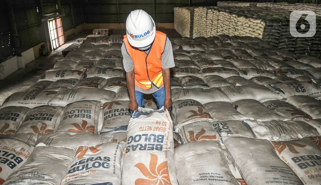 Pekerja menata susunan karung beras di Gudang Bulog Divisi Regional DKI Jakarta, Kelapa Gading, Kamis (18/3/2021). Meski Menko Perekonomian Airlangga Hartarto dan Mendag Muhammad Lutfi memerintahkan untuk impor 1 juta ton beras dikarenakan masih banyak stok di gudang. (merdeka.com/Iqbal S Nugroho)