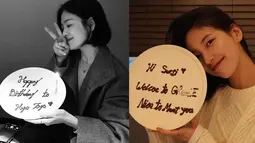 Suzy yang dikenal memiliki kepribadian ceria dan penuh kasih sayang, menunjukkan perhatian besarnya kepada Song Hye Kyo melalui kejutan ini. Mereka juga saling mendukung karier satu sama lain, membuktikan bahwa persahabatan tersebut lebih dari sekadar hubungan profesional. (Liputan6.com/IG/@kyo1122)