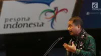 Menteri Pariwisata Arief Yahya memberikan sambutan pada acara jelang Tour de Flores 2017 di Jakarta, Rabu (5/7). Tour de Flores 2017 itu dihelat mulai 14-19 Juli dengan menempuh jarak total 721,6 km. (Liputan6.com/Angga Yuniar)