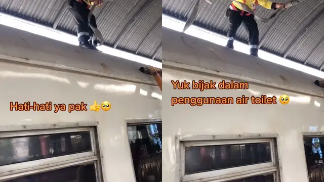 Petugas PT KAI mengisi air toilet