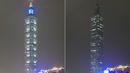 <p>Kombinasi foto ini menunjukkan Taipei 101, gedung komersial setinggi 508 meter, dengan lampu menyala dan mati selama kampanye lingkungan Earth Hour di Taipei pada 25 Maret 2023. (Photo by Sam Yeh / AFP)</p>